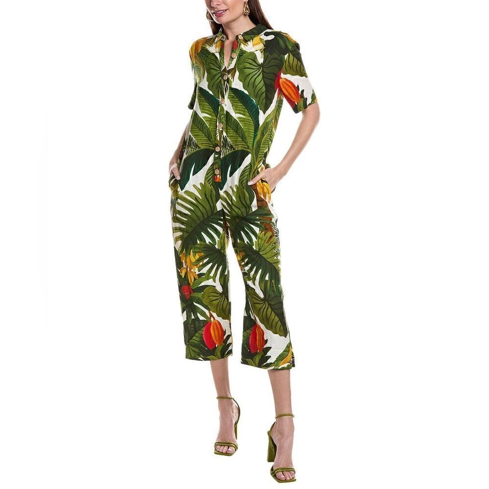 Farm Rio White Cocoa Forest Green Jumpsuit Short Sleeves Size XS